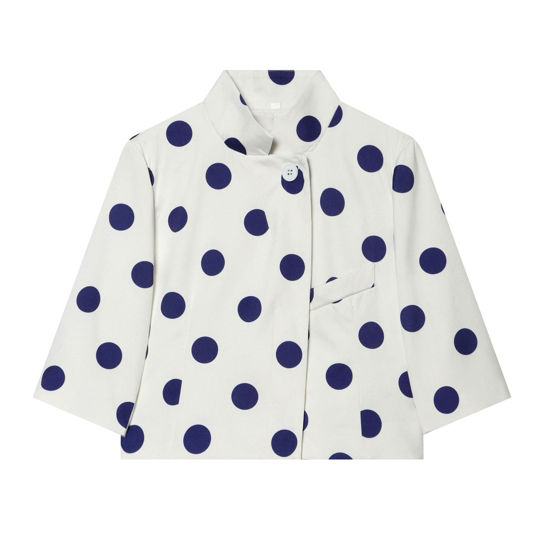 Women Polka Dot Cropped Boxy Jacket with Stand Collar and Three-Quarter Sleeves Mune Fashion