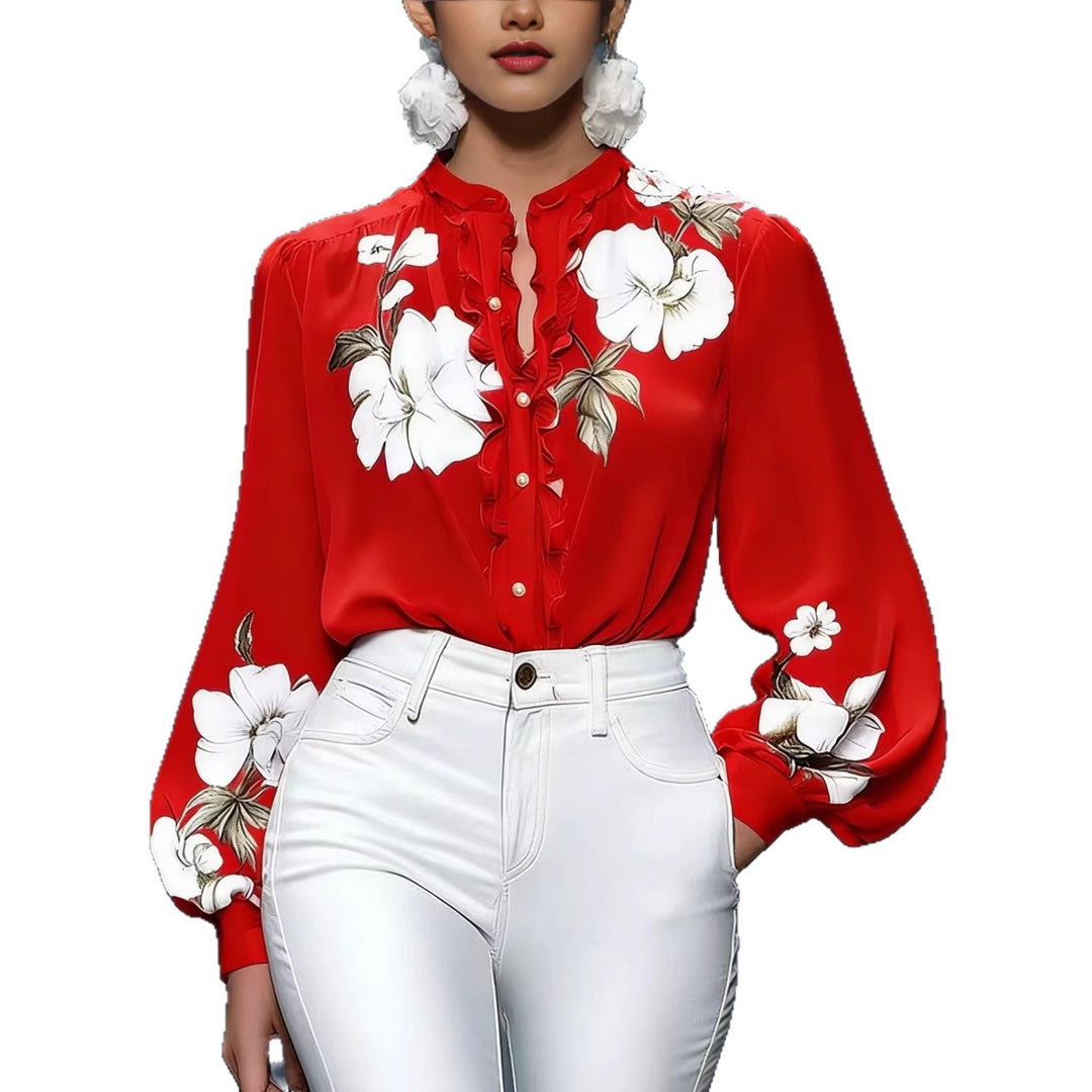 Women's silk blouse with ruffle trim and floral appliqué Mune Fashion