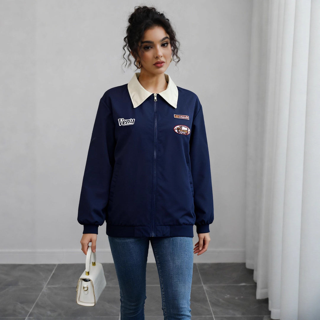 Women's Lightweight Bomber Jacket with Contrast Collar and Patches Mune Fashion