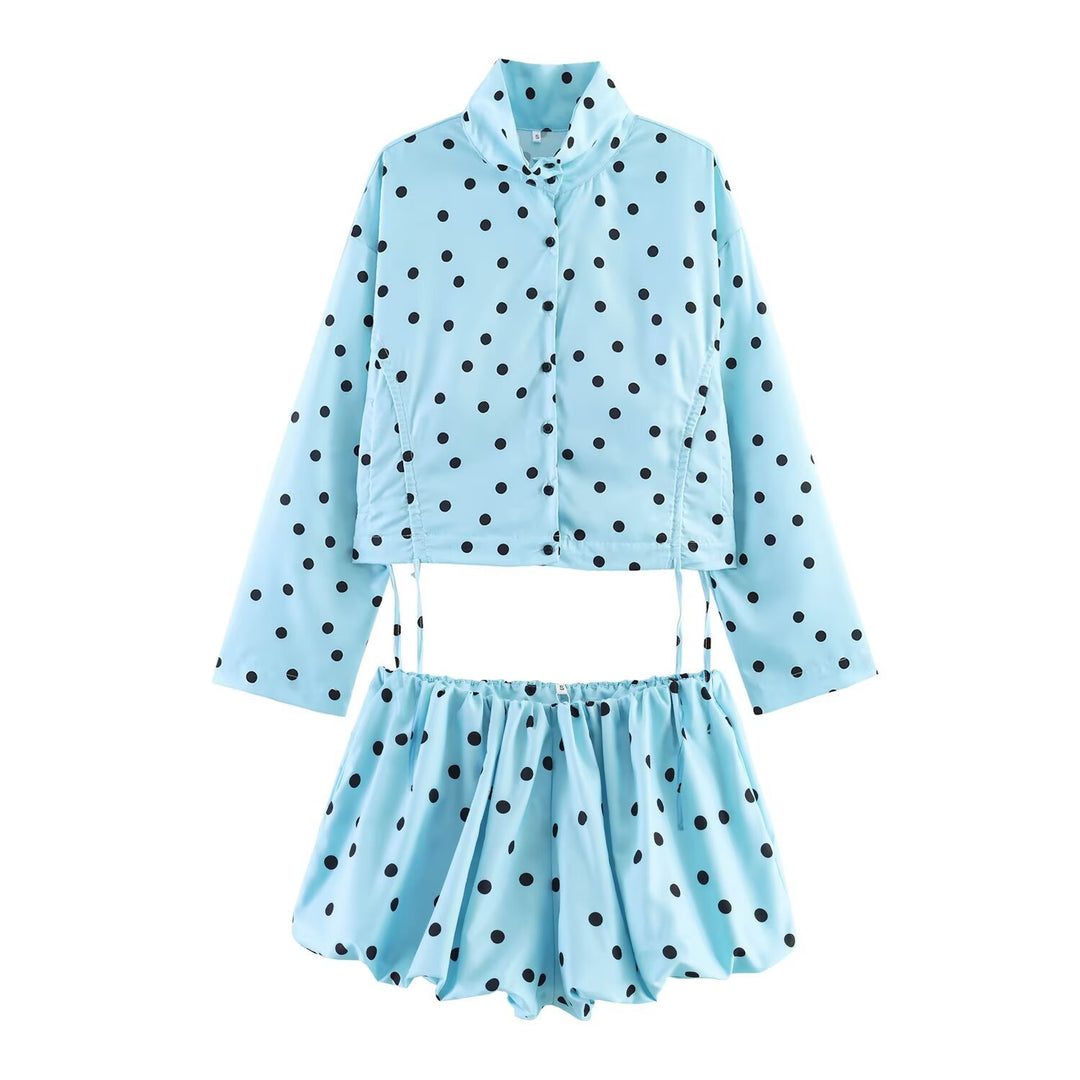 Women's Polka Dot Cropped Utility Jacket with Stand Collar and Drawstring Mune Fashion