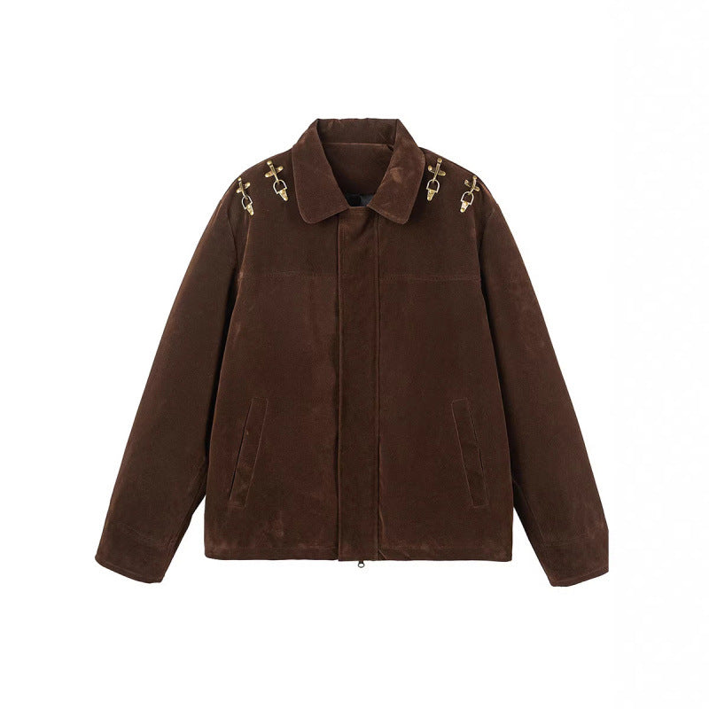 Men's short jacket made of suede look with decorative shoulder buckles and concealed zipper Mune Fashion
