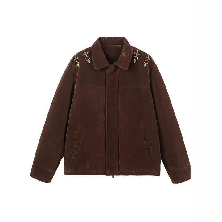 Men's short jacket made of suede look with decorative shoulder buckles and concealed zipper Mune Fashion