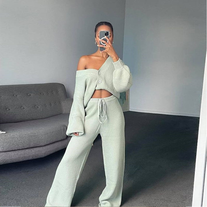 Women Ribbed Knit Loungewear Set with Buttoned Cropped Cardigan and High-Waist Drawstring Pants Mune Fashion