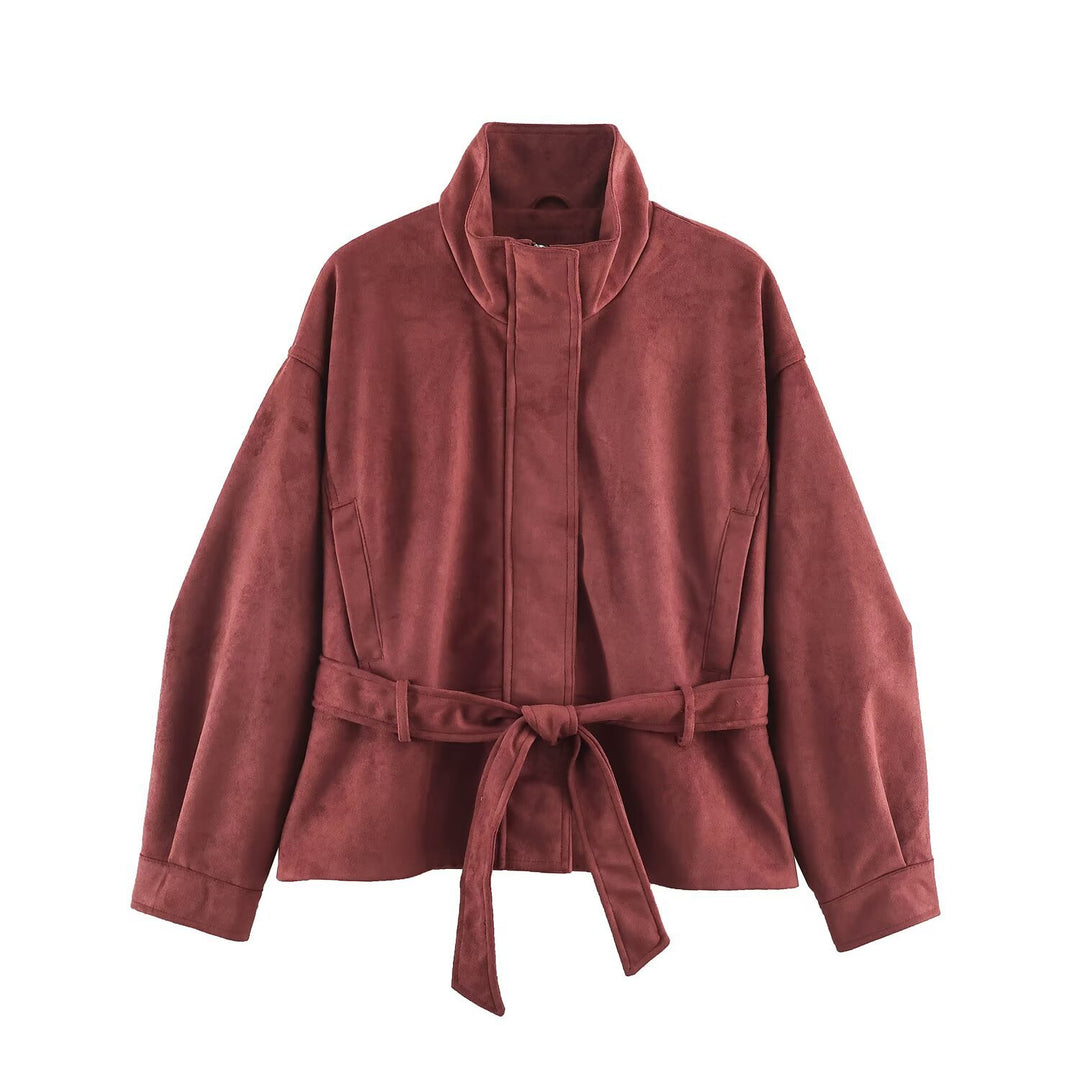 Women's short jacket in velvet look with high funnel collar, concealed closure and waist tie belt Mune Fashion