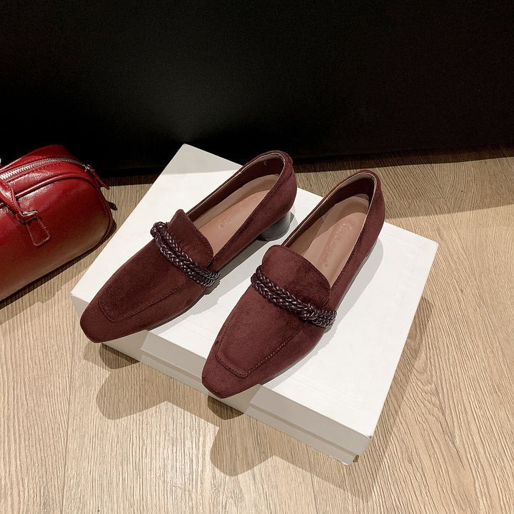 Women Suede Loafers with Braided Strap Detail and Low Block Heel Mune Fashion
