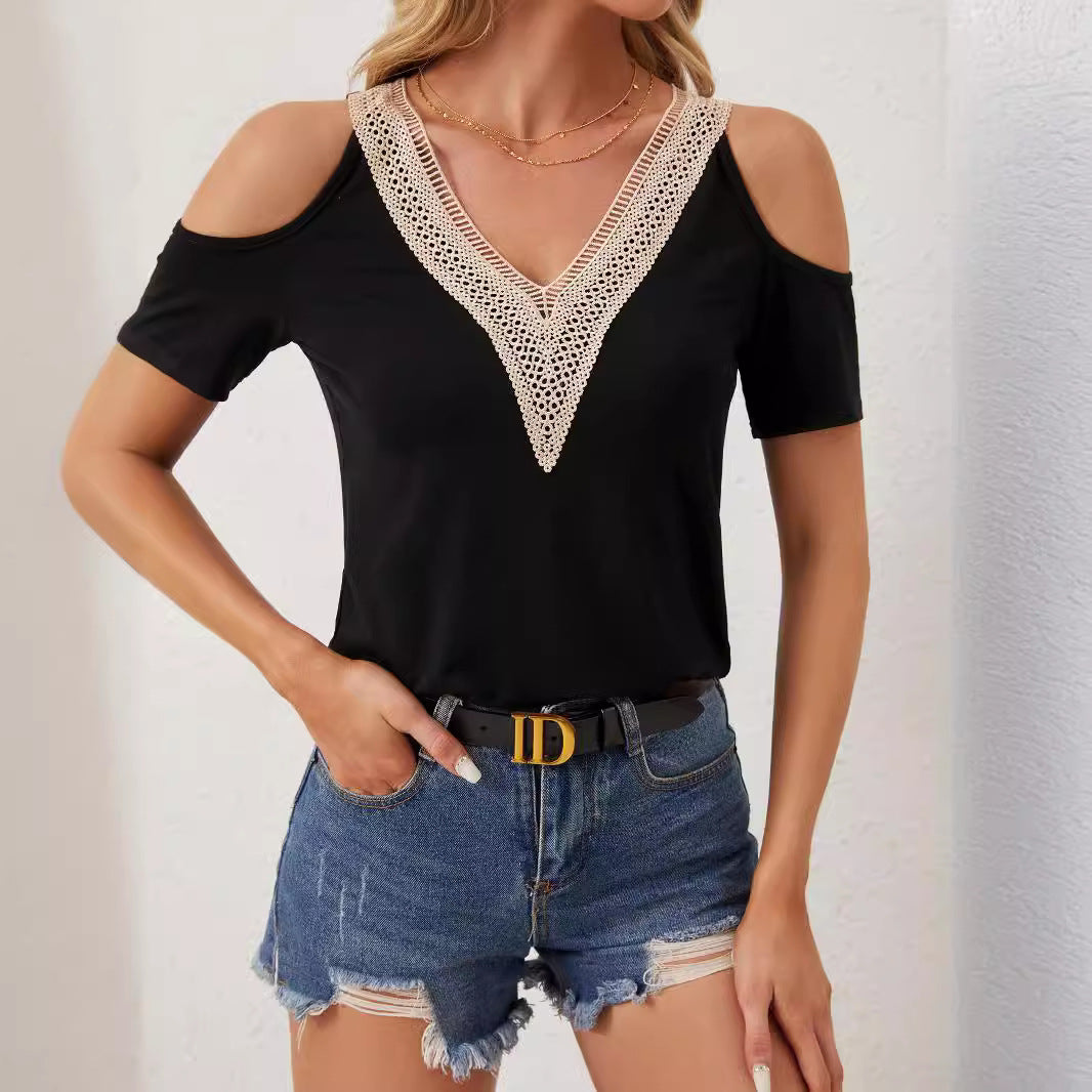 Women nan light jersey shirt with open shoulders, deep V-neck and crocheted V-insert Mune Fashion