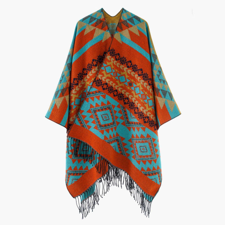 Women Oversize Jacquard Throw in Ethno Pattern with Fringes Mune Fashion