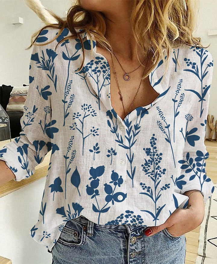 Women's loose linen-look blouse with V-neck botanical allover print and three-quarter sleeves Mune Fashion