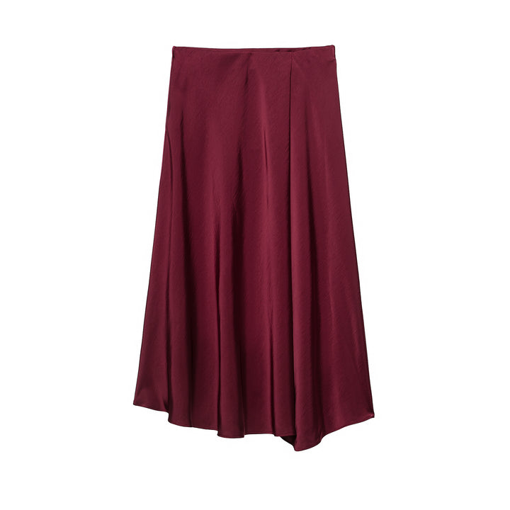 Women's flowy midi skirt in satin look with high waistband and asymmetrical hem Mune Fashion