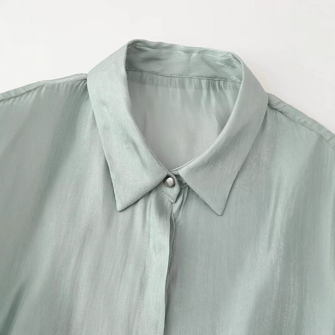 Women's silk-like tailored blouse with tie belt and concealed button placket Mune Fashion