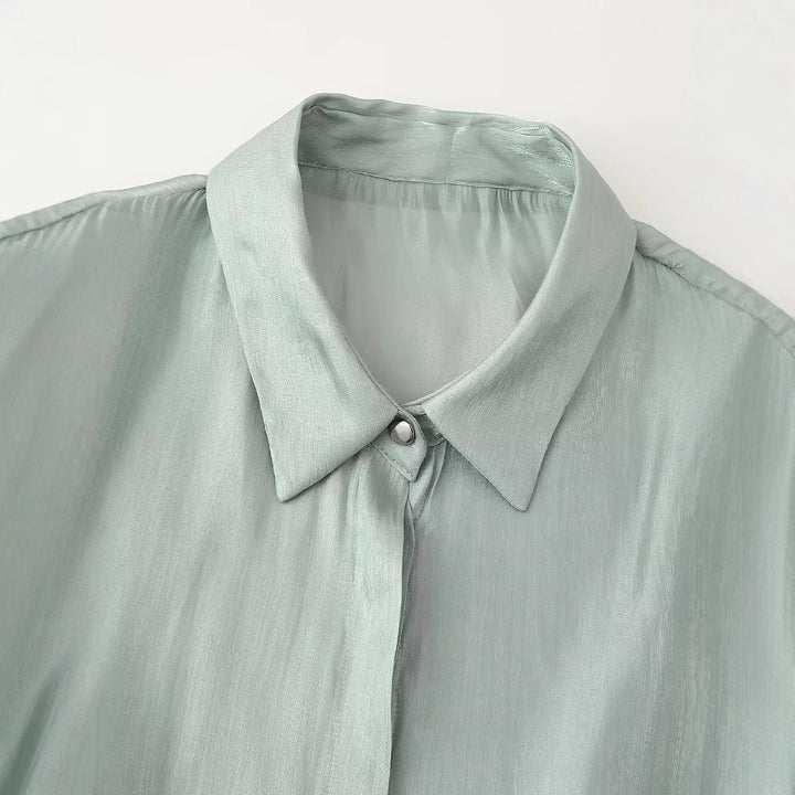 Women's silk-like tailored blouse with tie belt and concealed button placket Mune Fashion