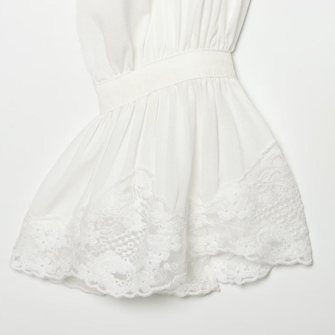 Women's Transparent Blouse with Stand Collar, Ruffle Sleeves and Lace Trim Mune Fashion