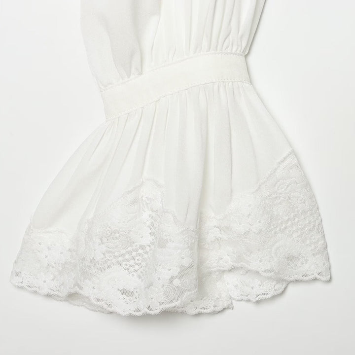 Women's Transparent Blouse with Stand Collar, Ruffle Sleeves and Lace Trim Mune Fashion
