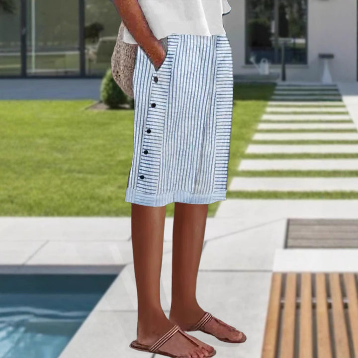 Women knee-length linen blend skirt with side button placket and side pockets Mune Fashion