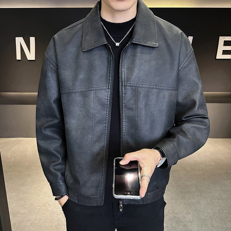Men's Oversized Velour-Look Transitional Blouson with Shirt Collar, Zipper & Elastic Hem
