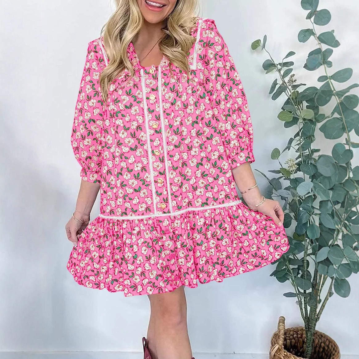Women's Floral Mini Shirt Dress with Oversized Sailor Collar Mune Fashion