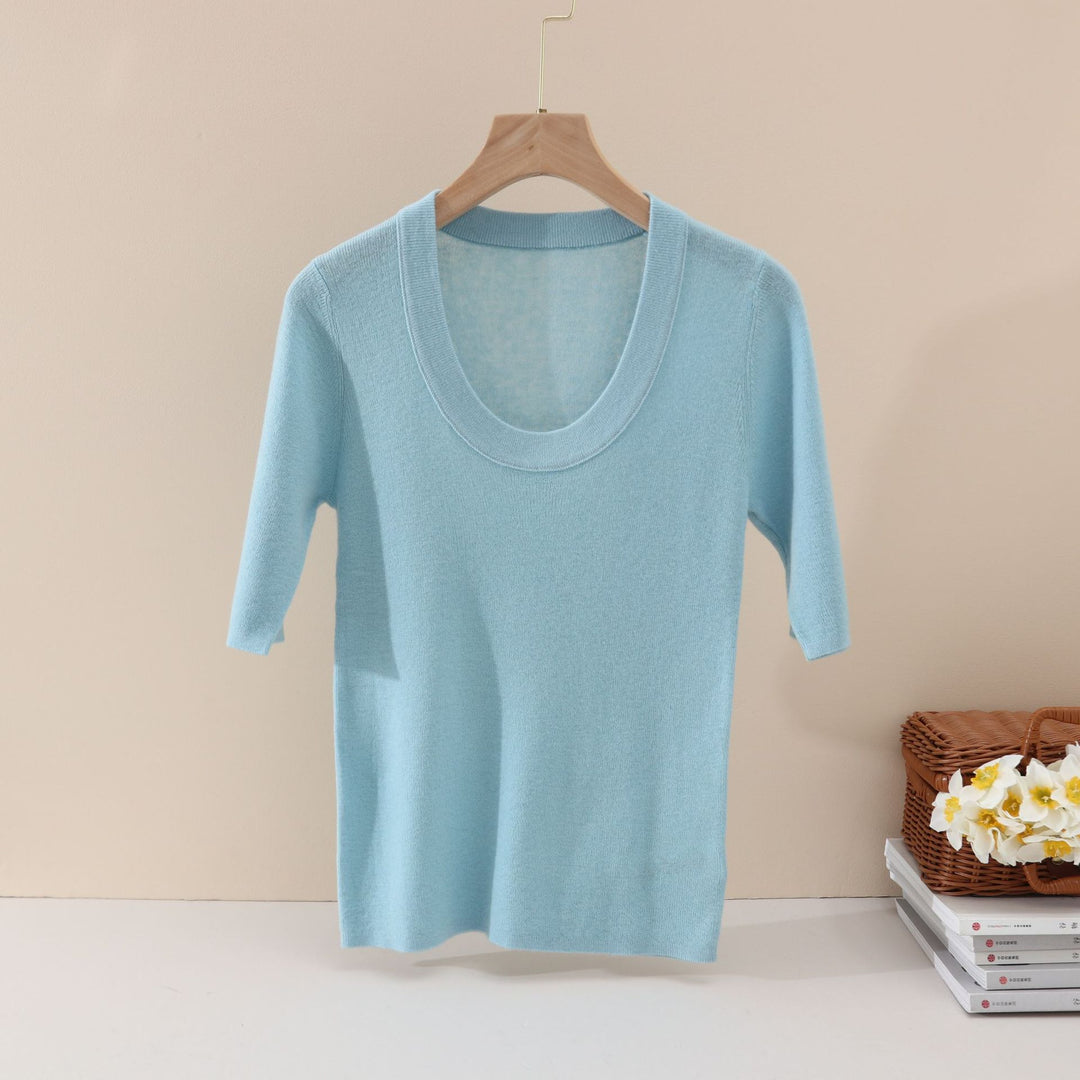 Ladies Fine Fine Knit Shirt with Deep Round Neck and Three-Quarter Sleeves Mune Fashion