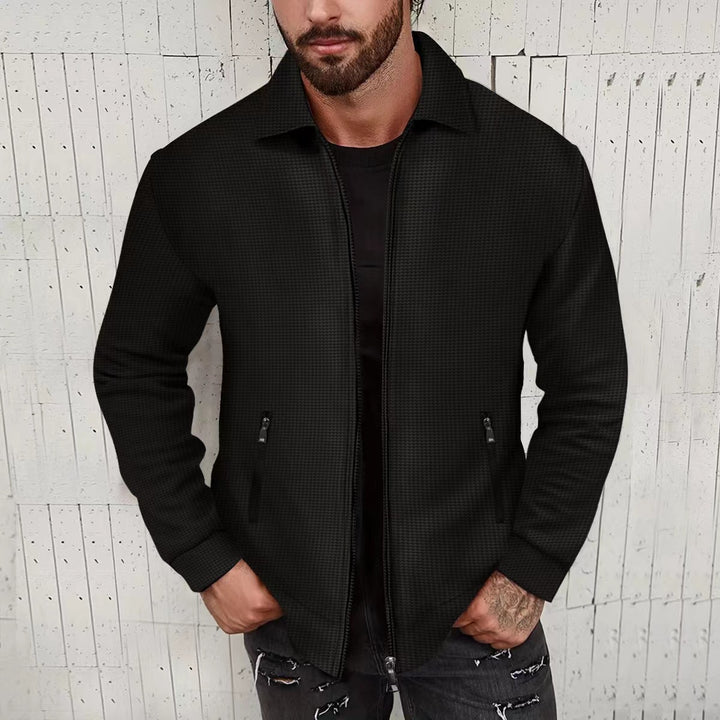 Men's nano minimalist stand collar fine knit transitional jacket with two-way zipper and concealed zip pockets Mune Fashion