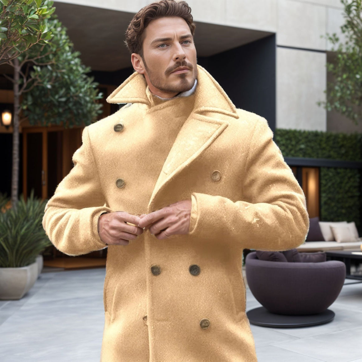 Men's Double-Breasted Wool Coat with High Stand Collar and Tailored Silhouette Mune Fashion