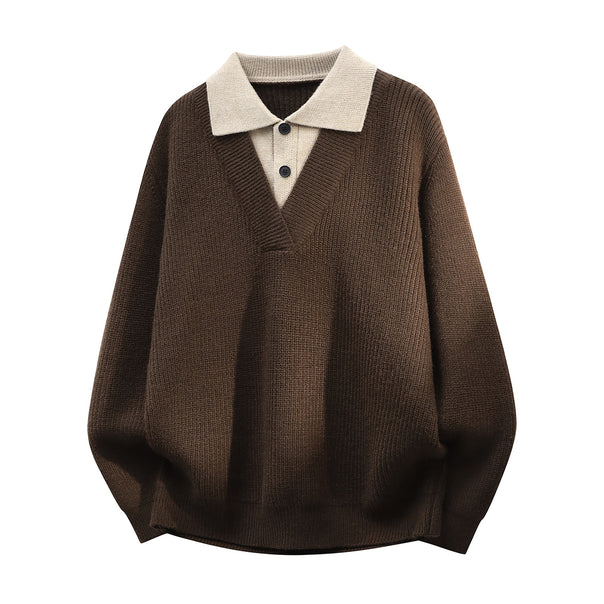Men's chunky knit pullover with deep V-neck and contrasting polo collar Mune Fashion