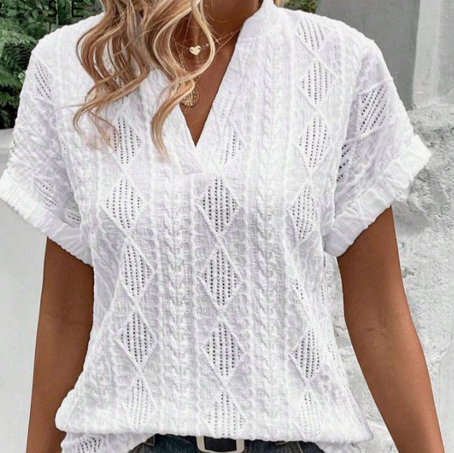 Ladies light ajour knit tunic with V-neck, diamond pattern and rolled-up sleeves Mune Fashion