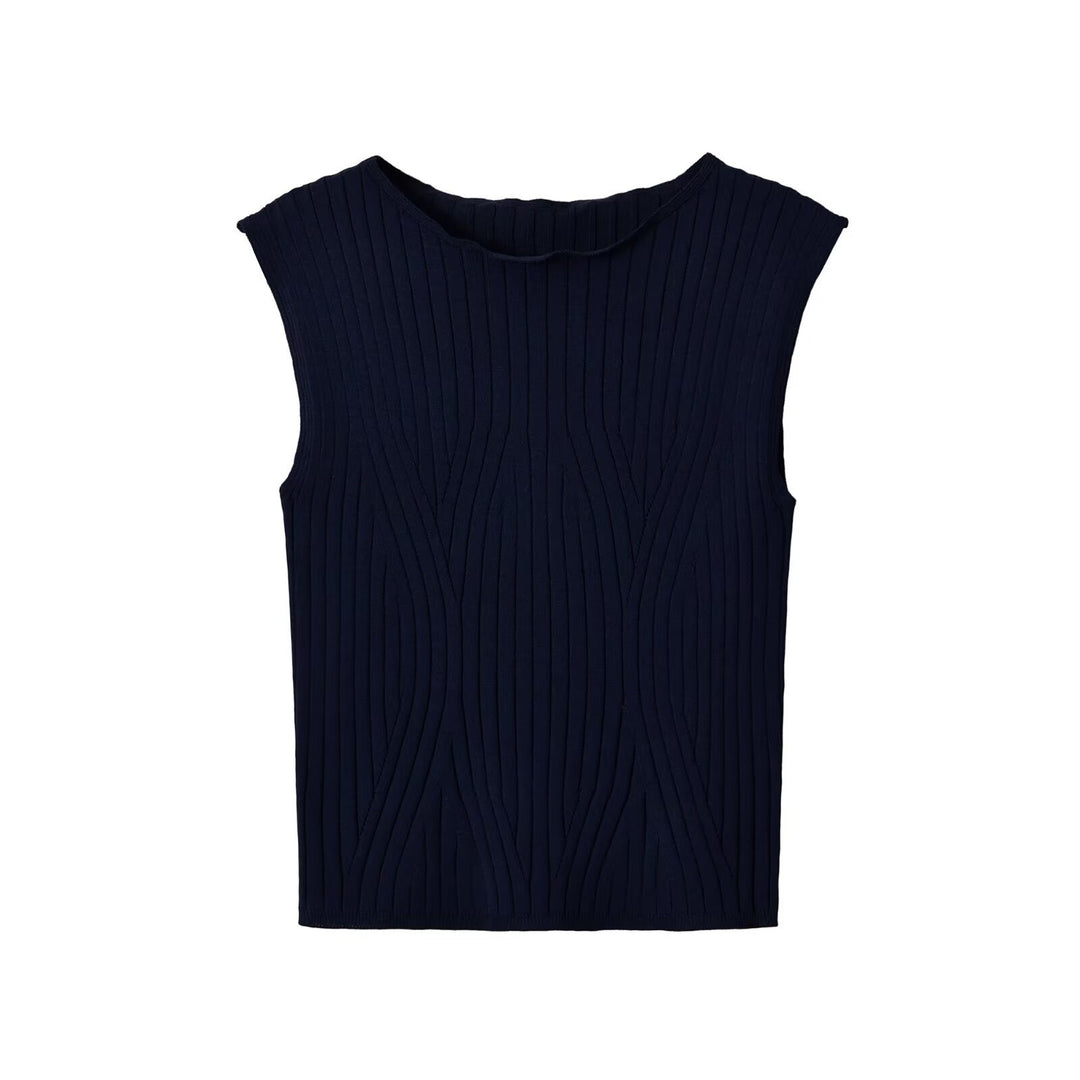 Women Fitted Sleeveless Ribbed Top with Wide Round Neckline and Textured Stitching