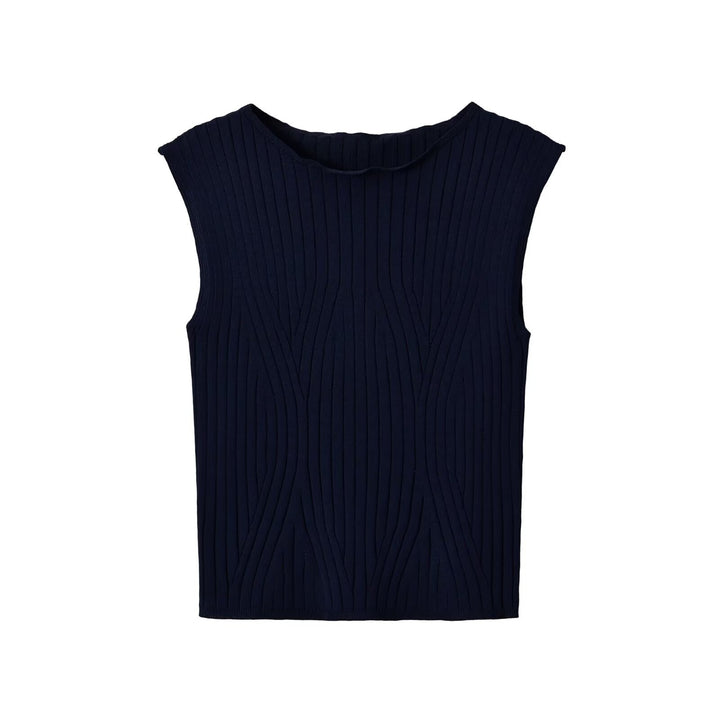 Women Fitted Sleeveless Ribbed Top with Wide Round Neckline and Textured Stitching