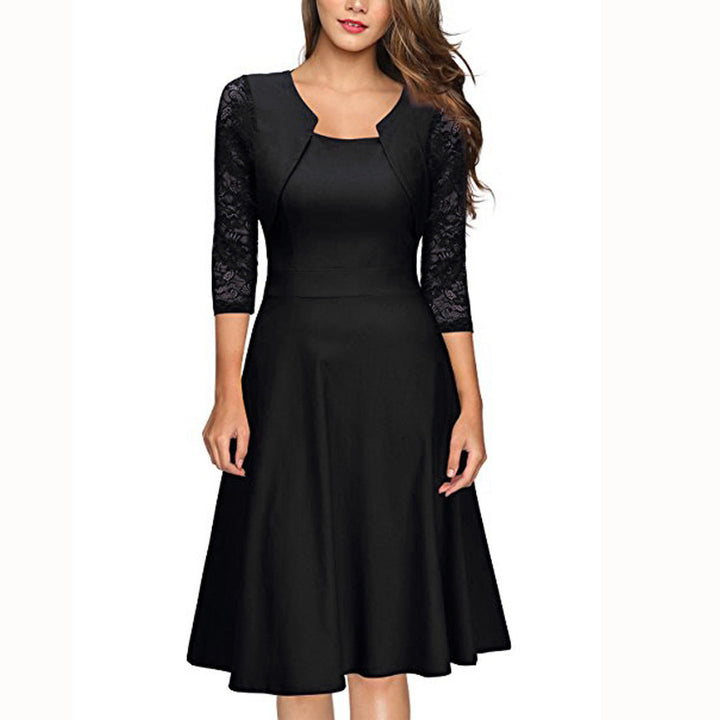 Women's Midi Dress with Lace Sleeves and Flared Skirt Mune Fashion
