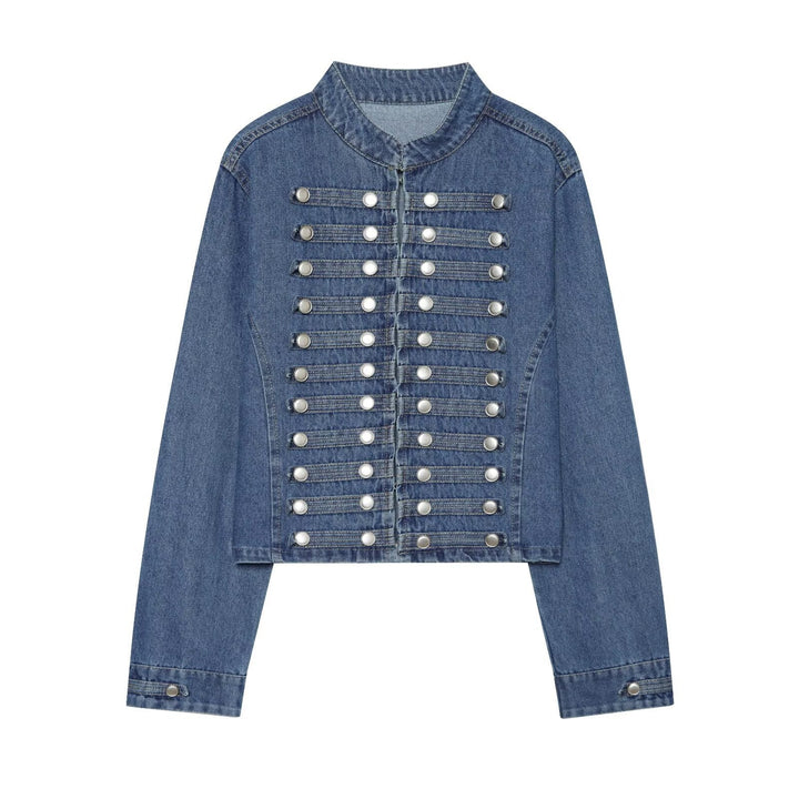 Ladies short cut denim jacket in military style with stand-up collar and decorative button rows Mune Fashion