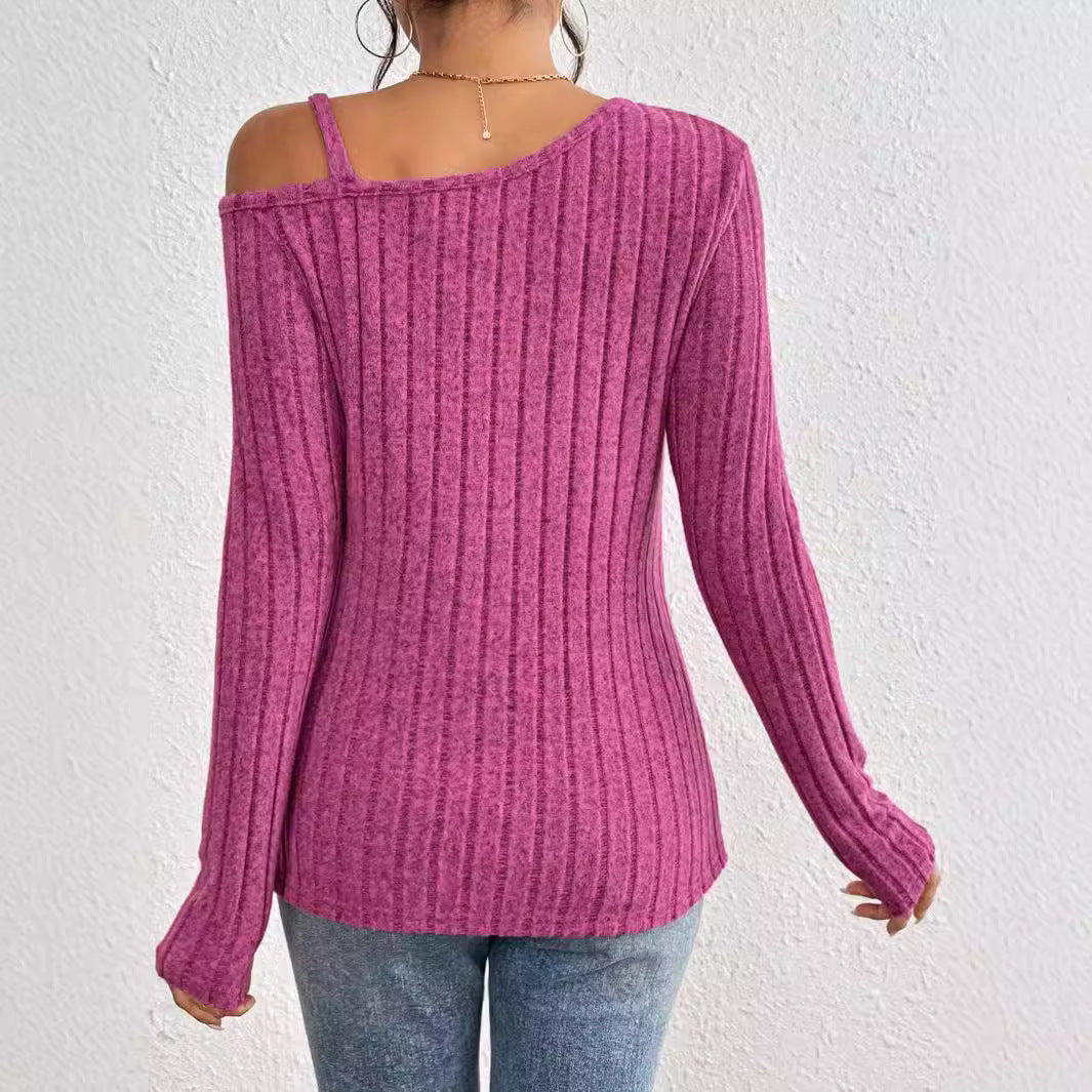 Women's body-hugging ribbed knit top with asymmetric one-shoulder neckline, decorative rectangular strap, and side button placket Mune Fashion