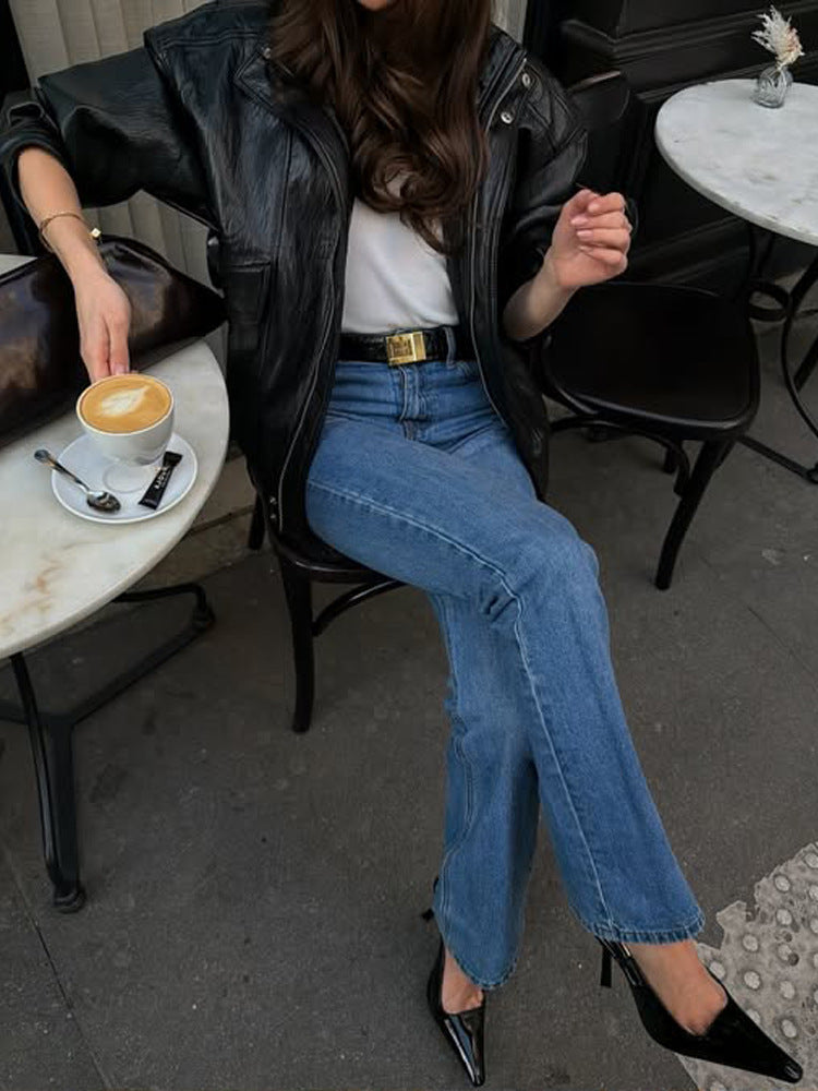 Women straight-cut jeans with high waist, raw hem and slight bootcut Mune Fashion