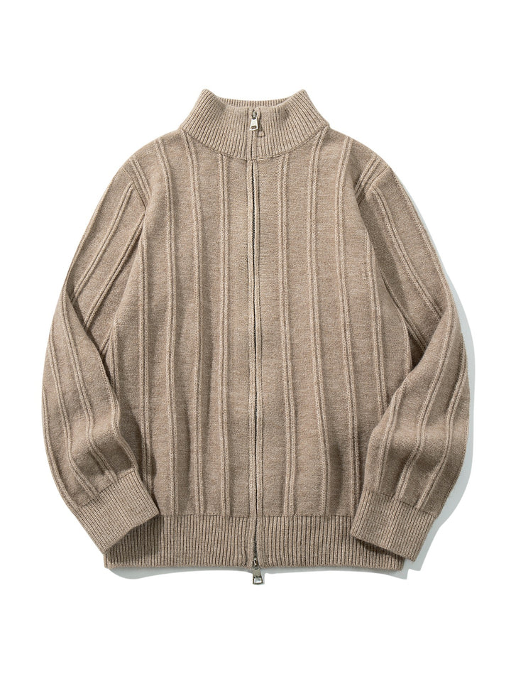 Unisex Gathered Knit Zip Jacket with High Stand-up Collar and Vertical Structure Mune Fashion