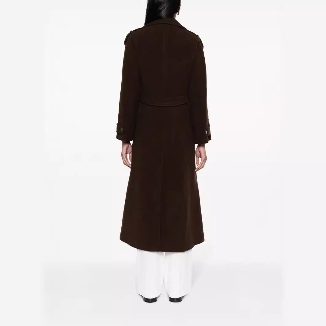 Women Floor-Length Double-Breasted Trench Coat made of Wool Blend with Shoulder Patches and Concealed Waist Belt Mune Fashion
