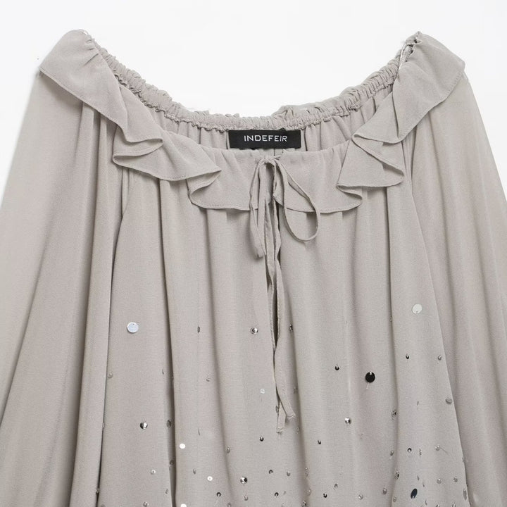 Women flowy chiffon mini dress with off-shoulder neckline, ruffles and sequins Mune Fashion