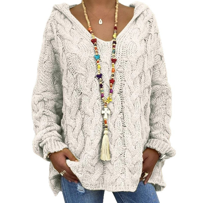 Women Oversized Cable Knit Sweater with Hood and Casual V-Neck Mune Fashion