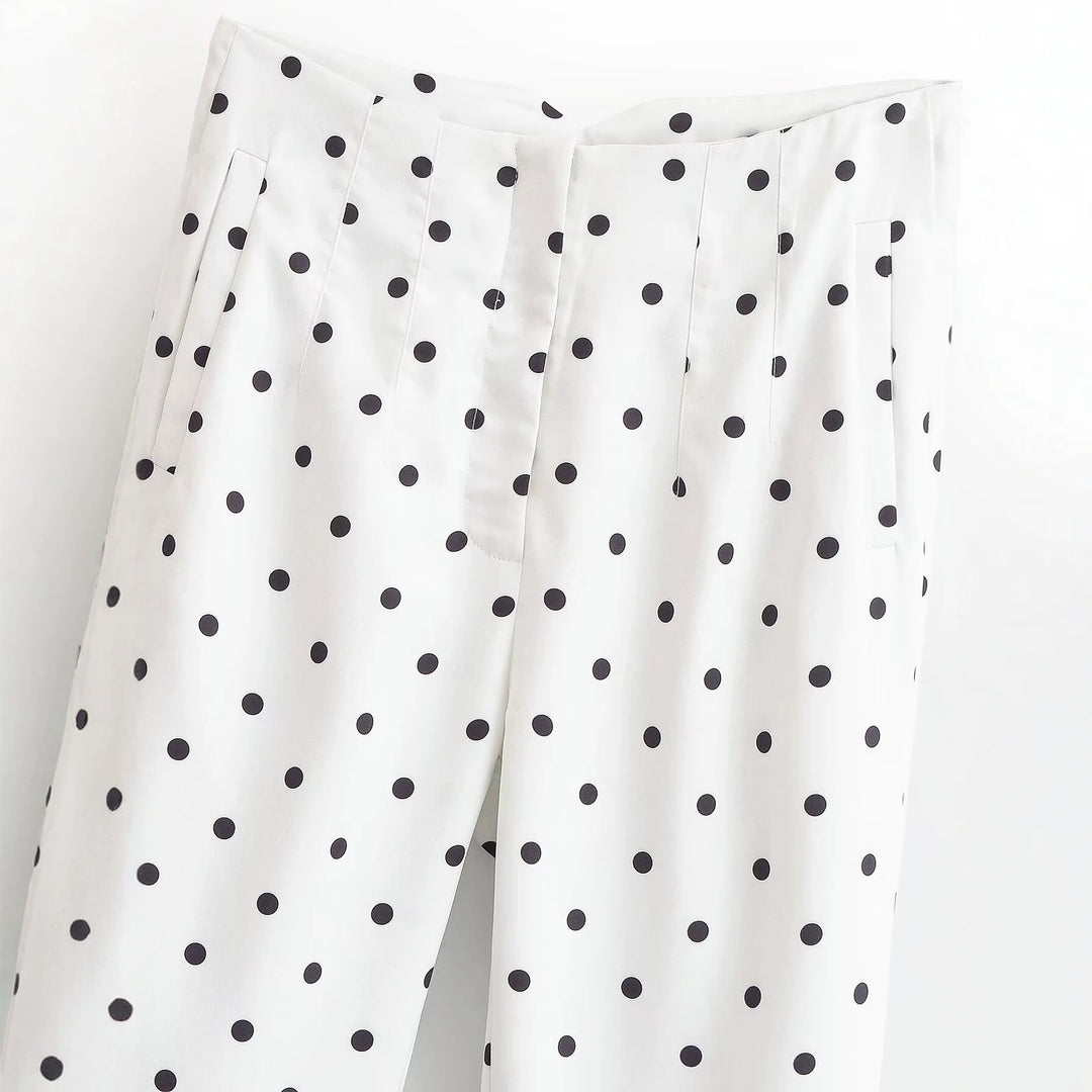 Women's high-waisted tapered fabric pants with polka dot print and elegant waistband processing Mune Fashion