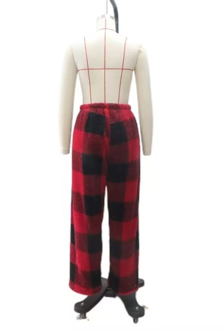Women's cozy checked fleece pants with drawstring waistband and wide leg Mune Fashion