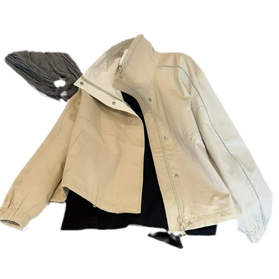 Women's Fashion Transitional Jacket with High Collar and Snap Button Closures Mune Fashion