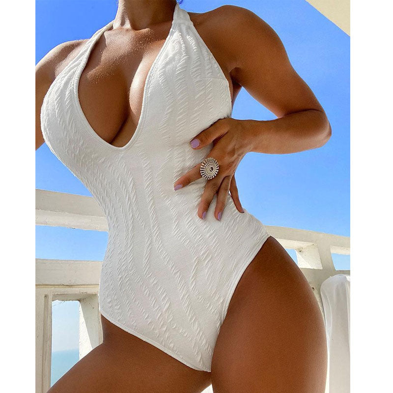 Women's One-Piece Swimsuit with Deep V-Neck and Textured Surface Mune Fashion