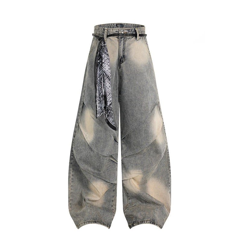 Women's extra wide distressed jeans in baggy cut with tie-dye wash and scarf belt Mune Fashion