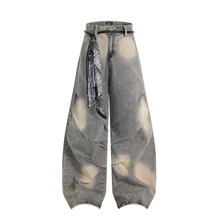Women's extra wide distressed jeans in baggy cut with tie-dye wash and scarf belt Mune Fashion