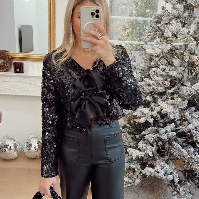 Women's Sequin Bolero Jacket with Double-Tied Satin Ribbons and Short Cropped Silhouette Mune Fashion