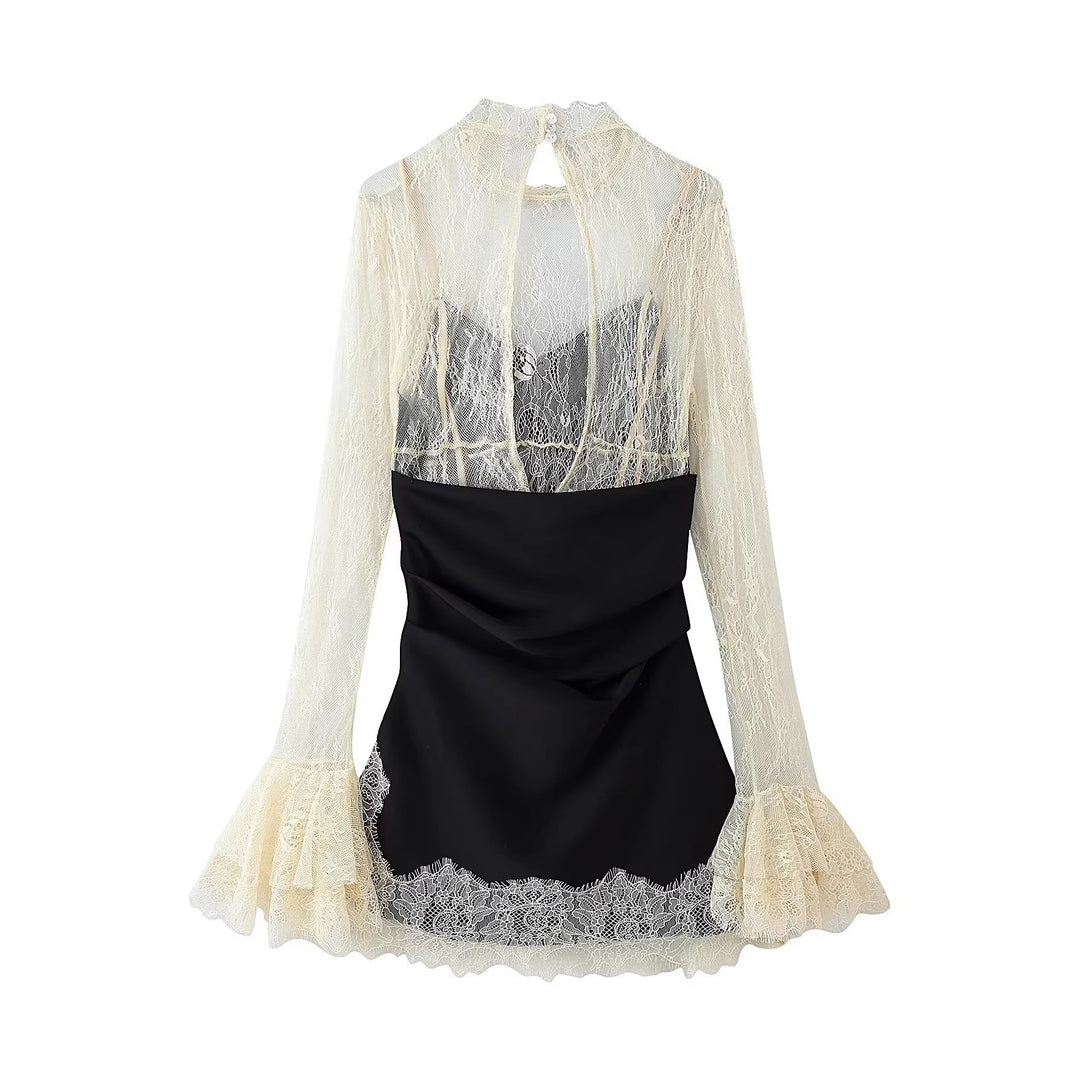 Women Elegant Slip Dress with Lace Overlay, Stand Collar and Ruffled Sleeves Mune Fashion
