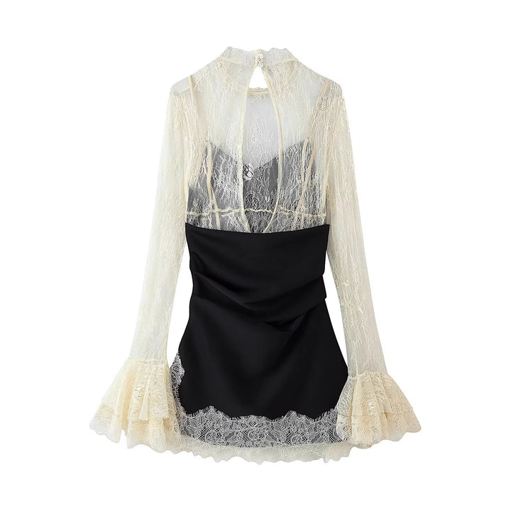 Women Elegant Slip Dress with Lace Overlay, Stand Collar and Ruffled Sleeves Mune Fashion