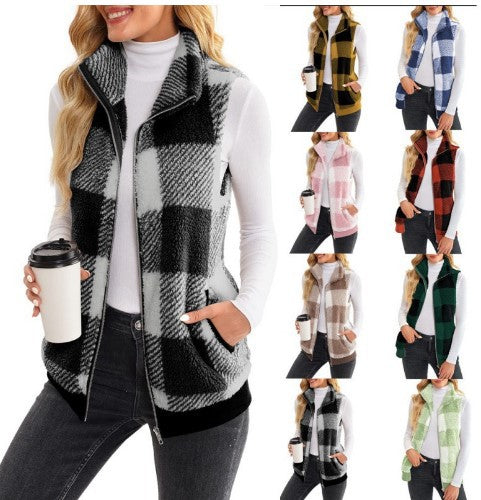 Ladies Checked Teddy Vest with Stand-Up Collar, Zipper and Side Pockets Mune Fashion