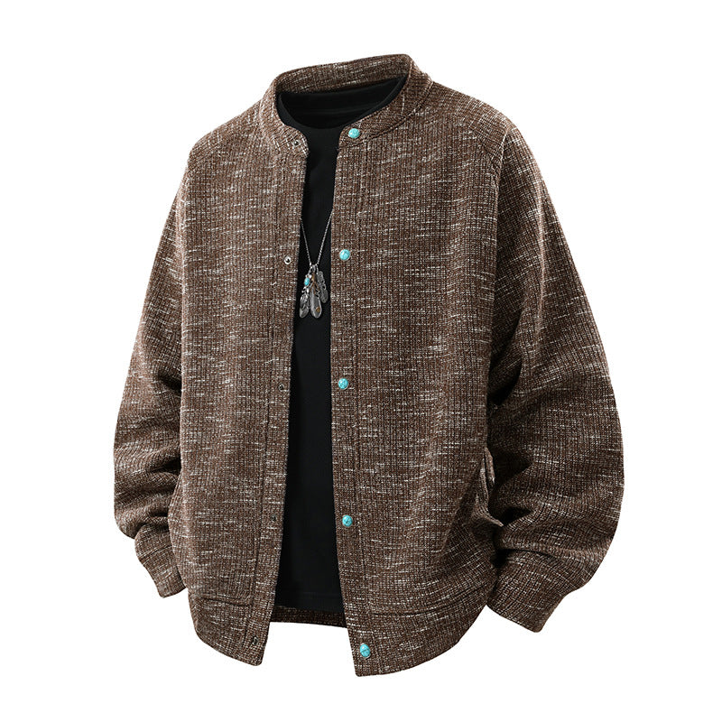 Men's Oversized Knit Bomber Jacket with Stand-Up Collar and Snap Closure Mune Fashion