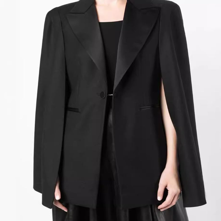 Women's Cape Blazer with Slits at the Sleeves and Satin Lapels Mune Fashion
