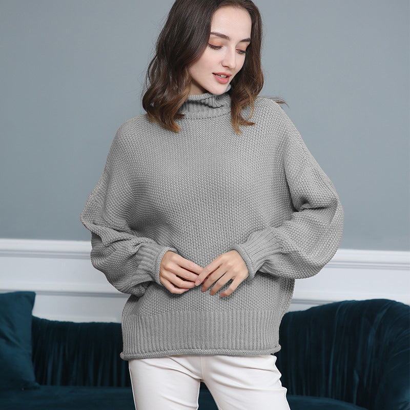 Women's Chunky Knit Turtleneck Sweater with Balloon Sleeves Mune Fashion