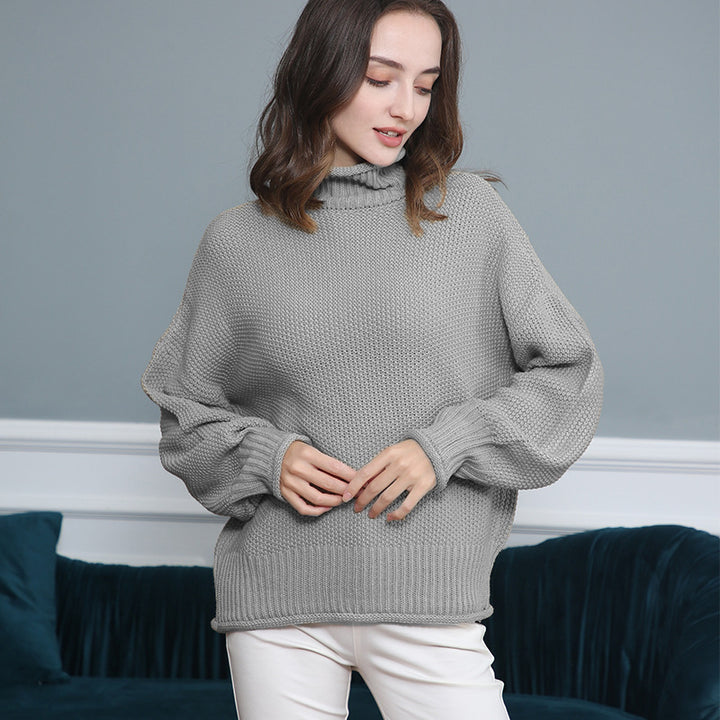 Women's Chunky Knit Turtleneck Sweater with Balloon Sleeves Mune Fashion