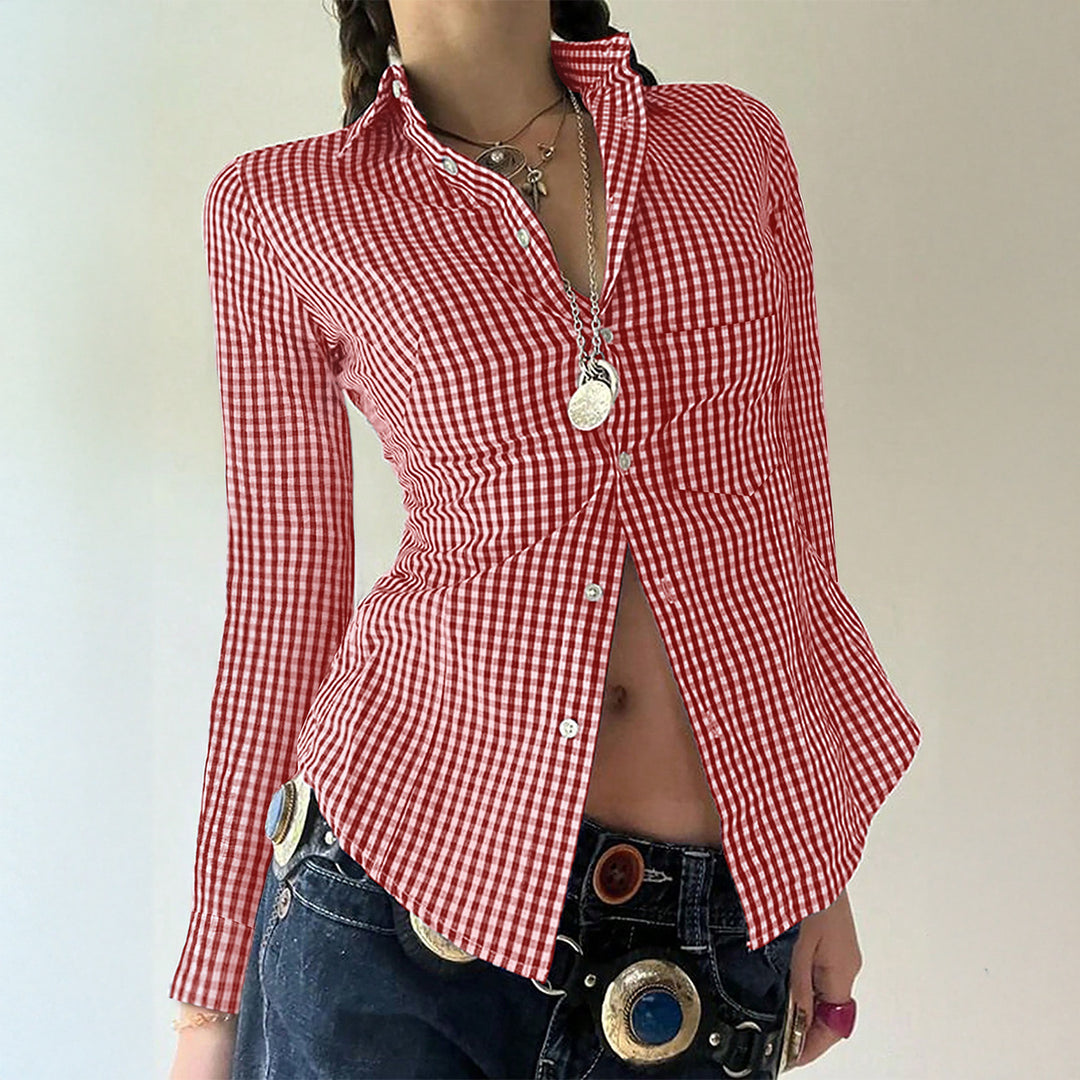 Women's tailored check blouse with collar, continuous button placket and curved hem Mune Fashion